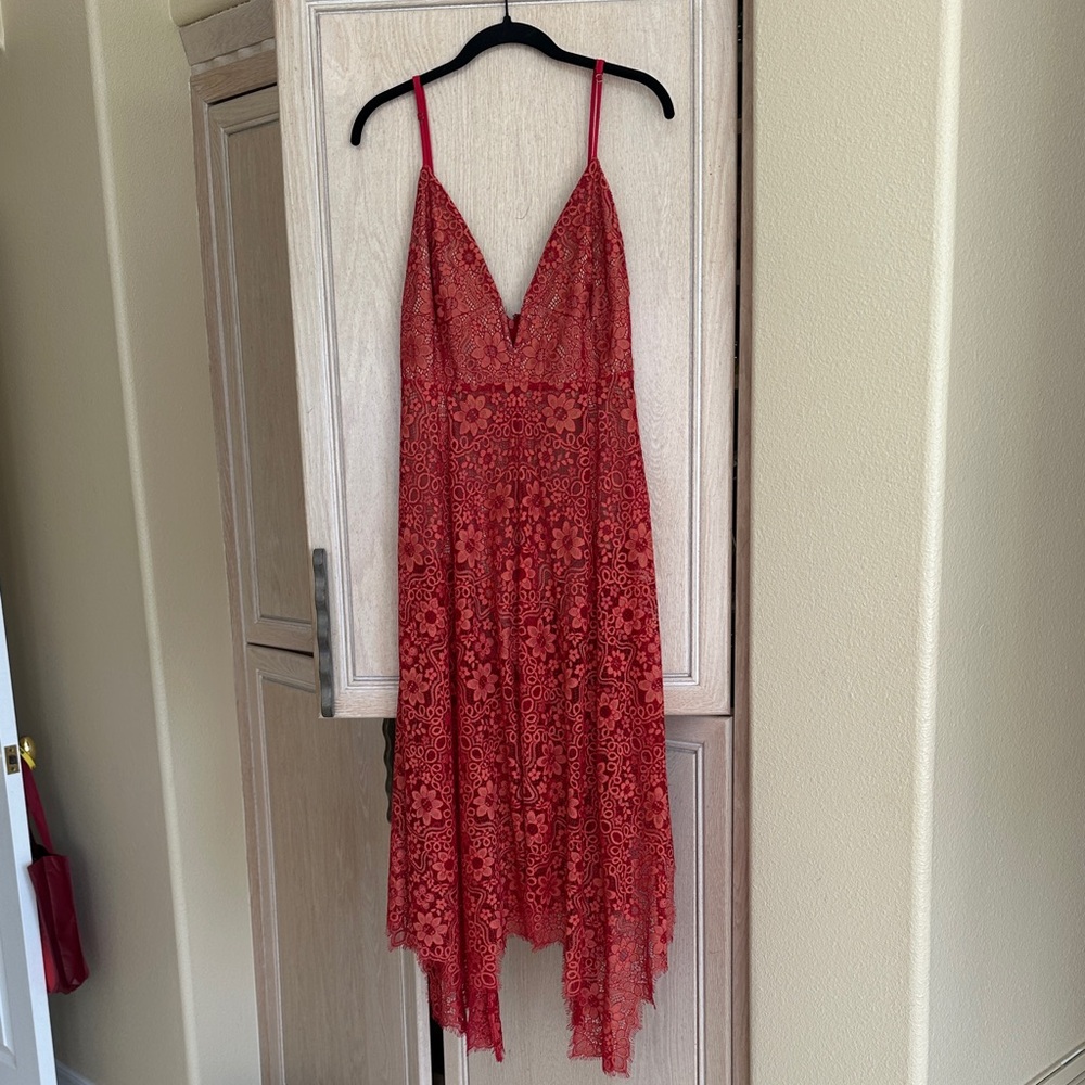 For Love & Lemons Elegant Red Lace Midi Dress